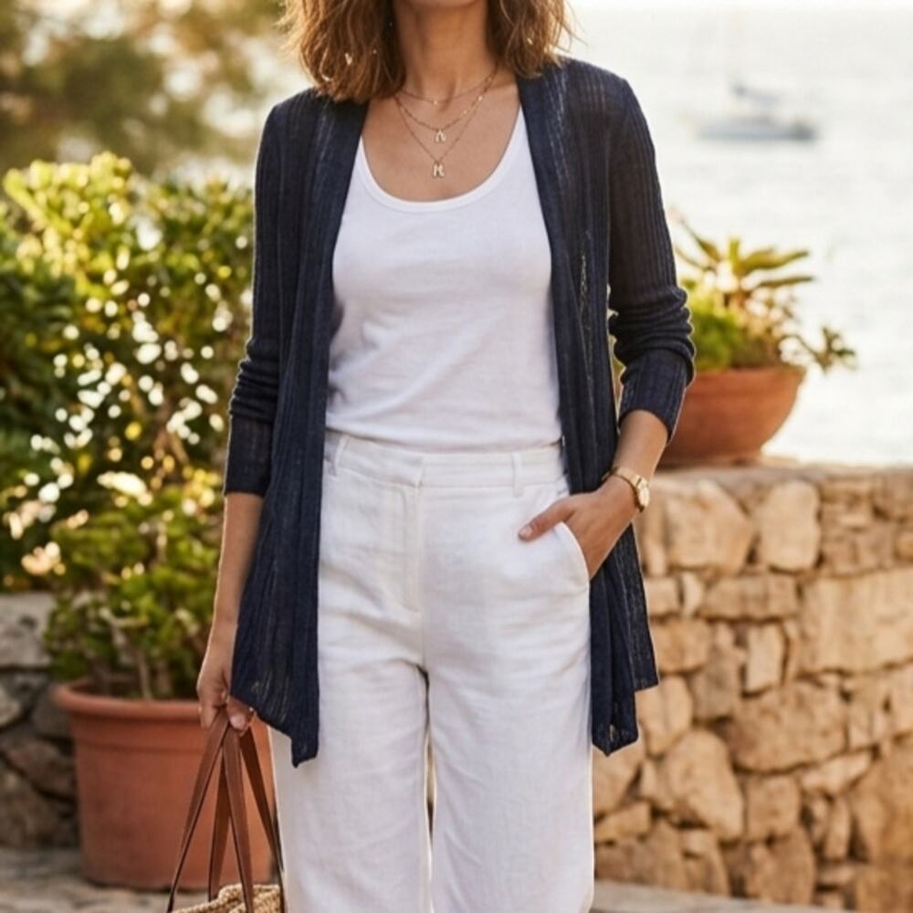 Eileen Fisher 100% Linen Cardigan M Navy Blue Open Front Sheer Italian Yarn Knit